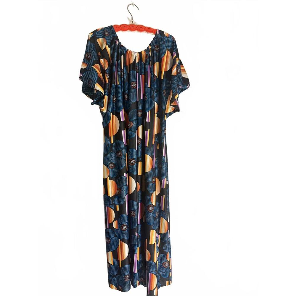 Vintage 1960s Circle Print Cinched Neck Free Size Maxi House Dress